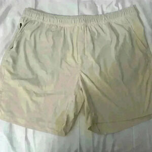 PUBLIC REC Men’s Main Shorts Sand Beige Nylon Spandex Logo Drawstring 40